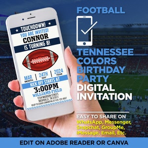Tennessee Colors Football Team Birthday Party Digital Invitation | Navy & Blue Invite | EDIT With Adobe Reader Or Canva, Share On WhatsApp