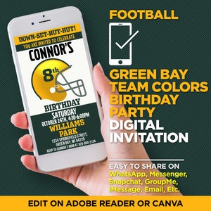 Green Bay Football Team Colors Birthday Party Digital Invitation - EDIT YOURSELF At Home With Adobe Reader Or Canva, Share On WhatsApp