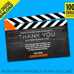 Lichter, Kamera, Aktion! Druckbare Dankeskarte - Clapboard Movie Party Dankeskarte - EDIT YOURSELF At Home Mit Adobe Reader