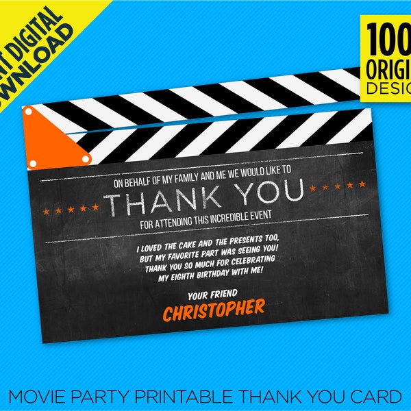 Lights, Camera, Action! Printable Thank You Card - Clapboard Movie Party Thank You Card - EDIT YOURSELF At Home With Adobe Reader