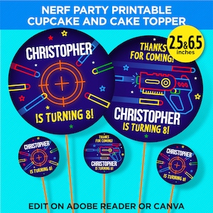 Nerf Party Printable Cake And Cupcake Toppers - Dart Wars Birthday Party Decorations Template - EDIT At Home With Adobe Reader Or Canva