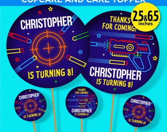 Nerf Party Cake & Cupcake Toppers - Editable Birthday Decor | PDF or Canva