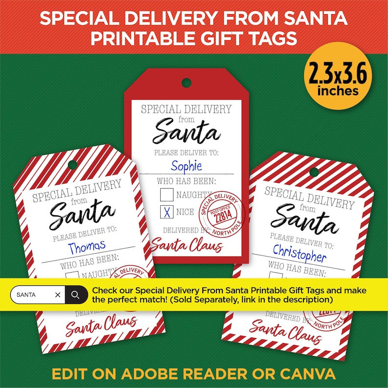 May include: Three printable gift tags featuring a red and white striped design with a red border. Each tag has a special delivery from Santa theme with a space to write a name, a checkbox for naughty or nice, and a space for Santa Claus to sign. The tags are 2.3 inches by 3.6 inches.