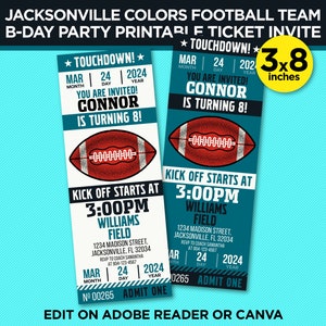 Jacksonville Colors Football Team Birthday Party Printable Ticket Invitation - Teal & Black Invite - EDIT At Home With Adobe Reader Or Canva