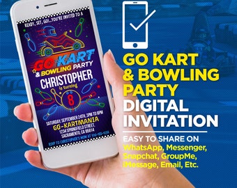 Go Kart & Bowling Party Digital Invitation - Boys And Girls Go Kart And Bowling Evite - EDIT With Adobe Reader Or Canva, Share On WhatsApp