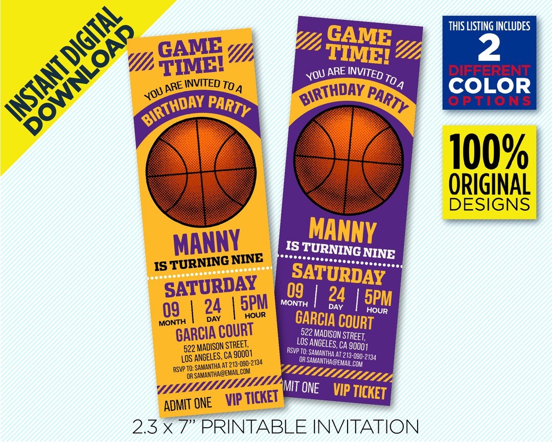 Los Angeles Lakers Ticket Printable Invitation, LA Lakers Purple & Gold