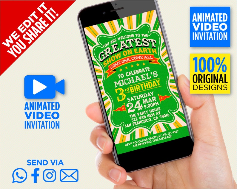 Green Orange Circus Birthday Party Video Invitation Circus Party Evite We Edit It You Share It on WhatsApp Messenger Snapchat