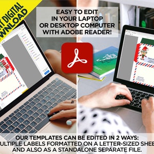 Puede incluir: Una pantalla de computadora port&aacute;til que muestra una plantilla de sobre de Navidad imprimible con un duende de dibujos animados y un buz&oacute;n rojo. El texto en la pantalla dice "EASY TO EDIT IN YOUR LAPTOP OR DESKTOP COMPUTER WITH ADOBE READER!" y "OUR TEMPLATES CAN BE EDITED IN 2 WAYS: MULTIPLE LABELS FORMATTED ON A LETTER-SIZED SHEET AND ALSO AS A STANDALONE SEPARATE FILE."