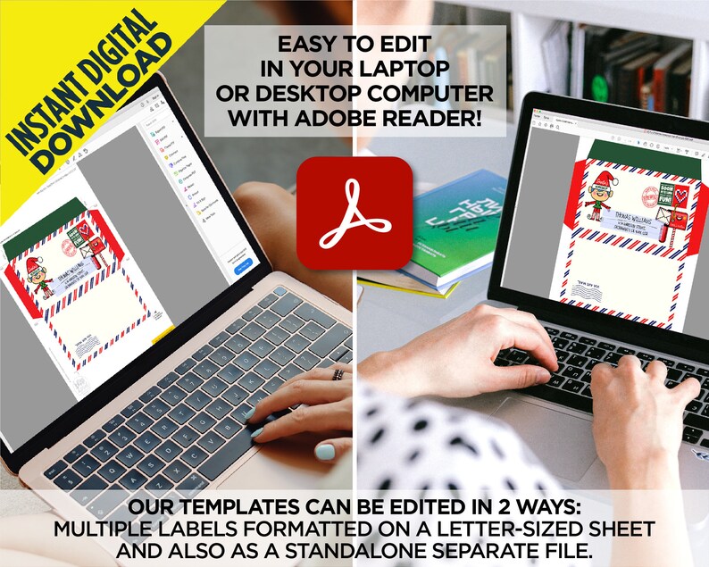 Puede incluir: Una pantalla de computadora port&aacute;til que muestra una plantilla de sobre de Navidad imprimible con un duende de dibujos animados y un buz&oacute;n rojo. El texto en la pantalla dice "EASY TO EDIT IN YOUR LAPTOP OR DESKTOP COMPUTER WITH ADOBE READER!" y "OUR TEMPLATES CAN BE EDITED IN 2 WAYS: MULTIPLE LABELS FORMATTED ON A LETTER-SIZED SHEET AND ALSO AS A STANDALONE SEPARATE FILE."