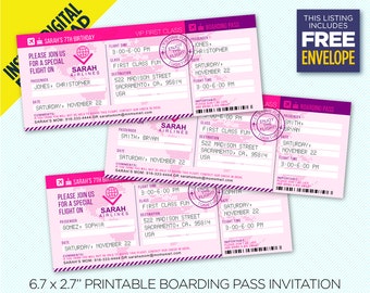 Airplane Boarding Pass Printable Invitation, Pink & Purple Birthday Party Boarding Pass, Includes Envelope, Instant Download, Edit Yourself