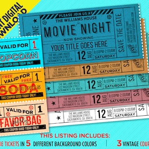 Afdrukbare uitnodiging filmavondticket in vintage stijl, 5 verschillende achtergrondkleuren + 3 kortingsbonnen, BEWERK JEZELF thuis met Adobe Reader