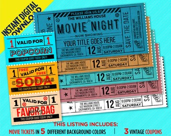 Puede incluir: Cinco invitaciones de entradas de cine coloridas con un diseño vintage. Las entradas son para una noche de cine en The Williams House el 12 de agosto. Las entradas están impresas en papel texturizado con una estrella y un icono de carrete de película. Las entradas incluyen un cupón para palomitas de maíz, refrescos y una bolsa de fiesta.