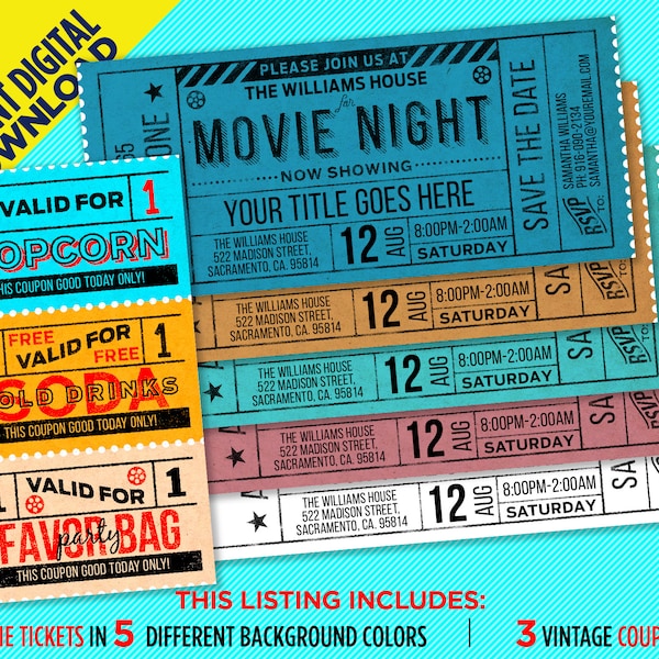 Invitation imprimable de billet de soirée cinéma dans un style vintage, 5 couleurs de fond différentes + 3 coupons, EDITEZ-VOUS à la maison avec Adobe Reader