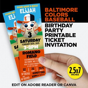 Baltimore Orioles Ticket afdrukbare verjaardagsfeestje | Sjabloon uitnodiging honkbalfeest | Verjaardag van rookie van het jaar