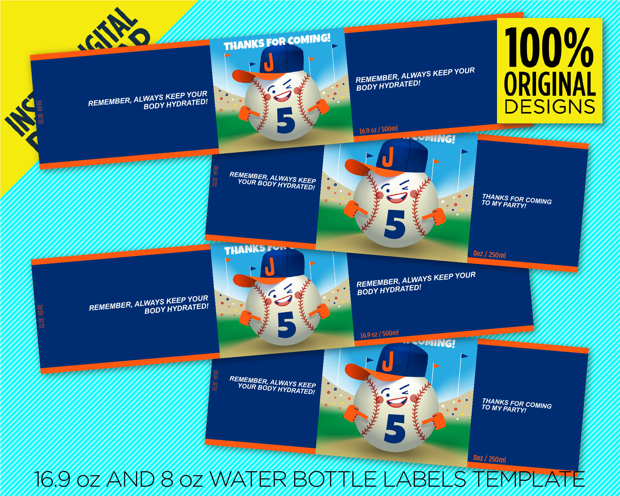 New York Blue & Orange Baseball Team Party Water Bottle Labels NY ...