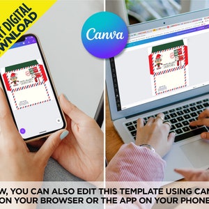 Puede incluir: Una plantilla de sobre digital imprimible con un duende de dibujos animados con un gorro rojo y un fondo verde. La plantilla est&aacute; dise&ntilde;ada para usar con Canva, una plataforma de dise&ntilde;o gr&aacute;fico. El texto "NOW, YOU CAN ALSO EDIT THIS TEMPLATE USING CANVA ON YOUR BROWSER OR THE APP ON YOUR PHONE" se muestra debajo de la imagen.
