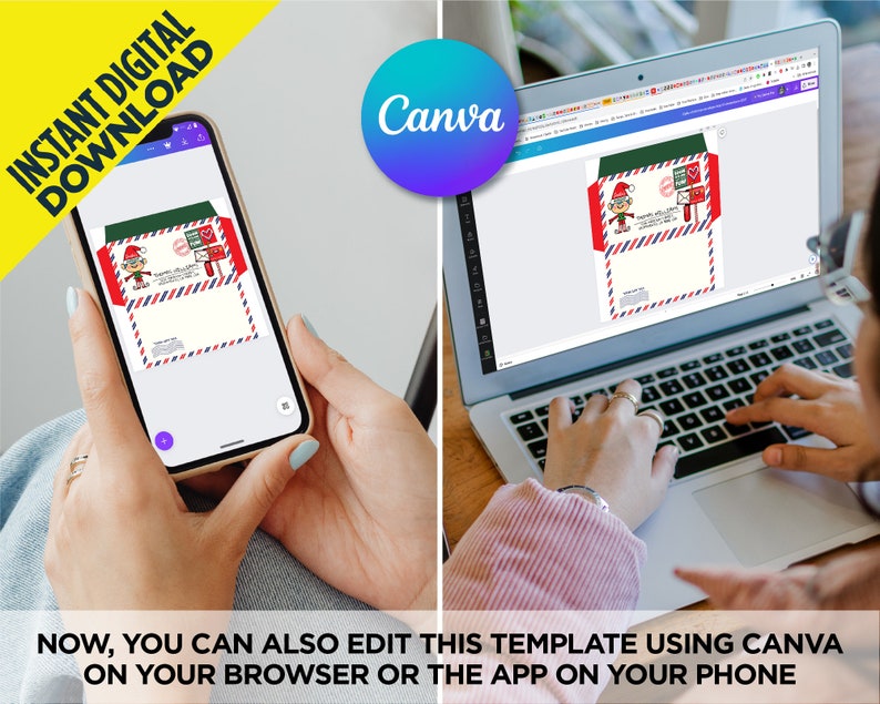 Puede incluir: Una plantilla de sobre digital imprimible con un duende de dibujos animados con un gorro rojo y un fondo verde. La plantilla est&aacute; dise&ntilde;ada para usar con Canva, una plataforma de dise&ntilde;o gr&aacute;fico. El texto "NOW, YOU CAN ALSO EDIT THIS TEMPLATE USING CANVA ON YOUR BROWSER OR THE APP ON YOUR PHONE" se muestra debajo de la imagen.