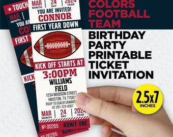 Houston Colors Football Team druckbare Ticket-Einladung – Steel Blue & Red First Year Down Party-Einladung – BEARBEITEN mit Adobe Reader oder Canva