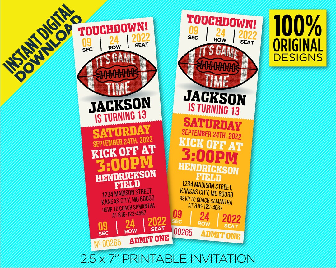 Kansas City Colors Birthday Party Printable Invitation KC Football Team Ticket Invite Template