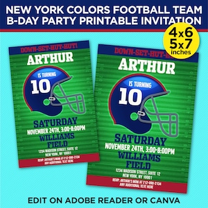 New York Colors Football Team Birthday Party Printable Invitation - Blue & Red Invite Template - EDIT YOURSELF With Adobe Reader Or Canva