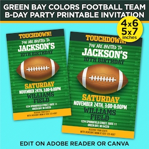 Green Bay Colors Football Team Birthday Party Printable Invitation - Green Bay Invite Template - EDIT At Home With Adobe Reader Or Canva