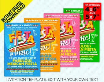 Het is fiesta-tijd! Afdrukbare uitnodiging in blauw, groen, oranje en roze, Cinco De Mayo-uitnodiging, zelf thuis bewerken met Adobe Reader