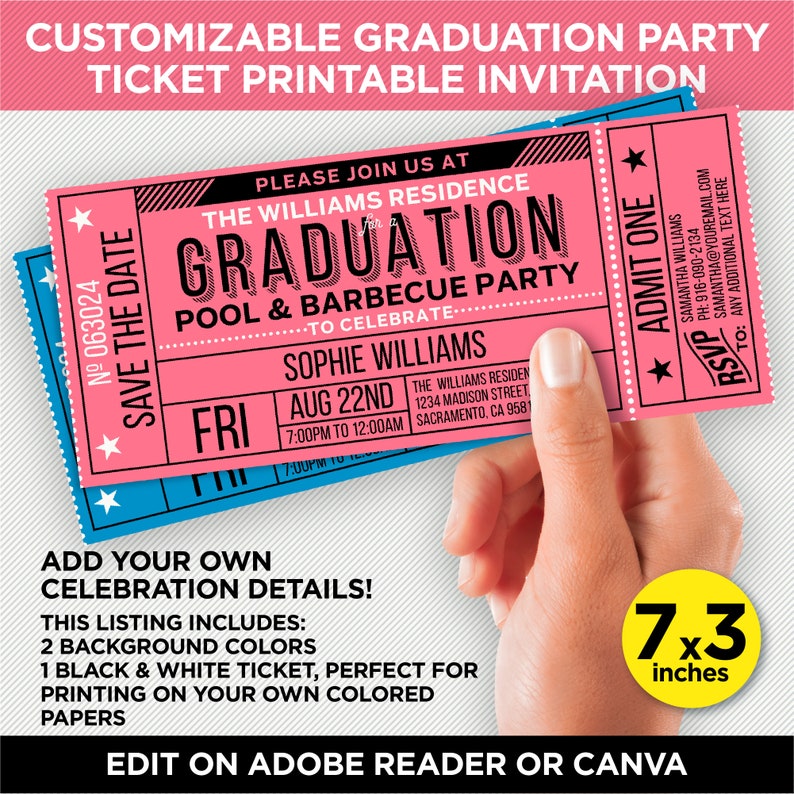 Op de afbeelding: Een roze en blauwe printbare uitnodiging voor een afstudeerfeest met de tekst "Save the Date" en "Graduation Pool & Barbecue Party" in zwarte tekst. De kaart is 7x3 inch en bevat de datum, tijd en locatie van het feest. De tekst "RSVP" en "Admit One" staat ook op de kaart.