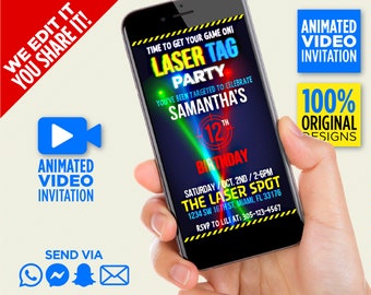Laser-Tag-Geburtstagsparty-Videoeinladung, wir bearbeiten sie, Sie teilen sie auf WhatsApp, Messenger, Snapchat, GroupMe usw.
