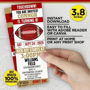 San Francisco Geburtstagseinladung in Gold & rote Farben Ticket-Einladung zum Fussball-Team | EDIT YOURSELF zu Hause mit Adobe Reader oder Canva