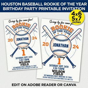 Houston Baseball Rookie Of The Year Birthday Party Printable Invitation - Little Slugger Birthday - EDIT YOURSELF With Adobe Reader Or Canva