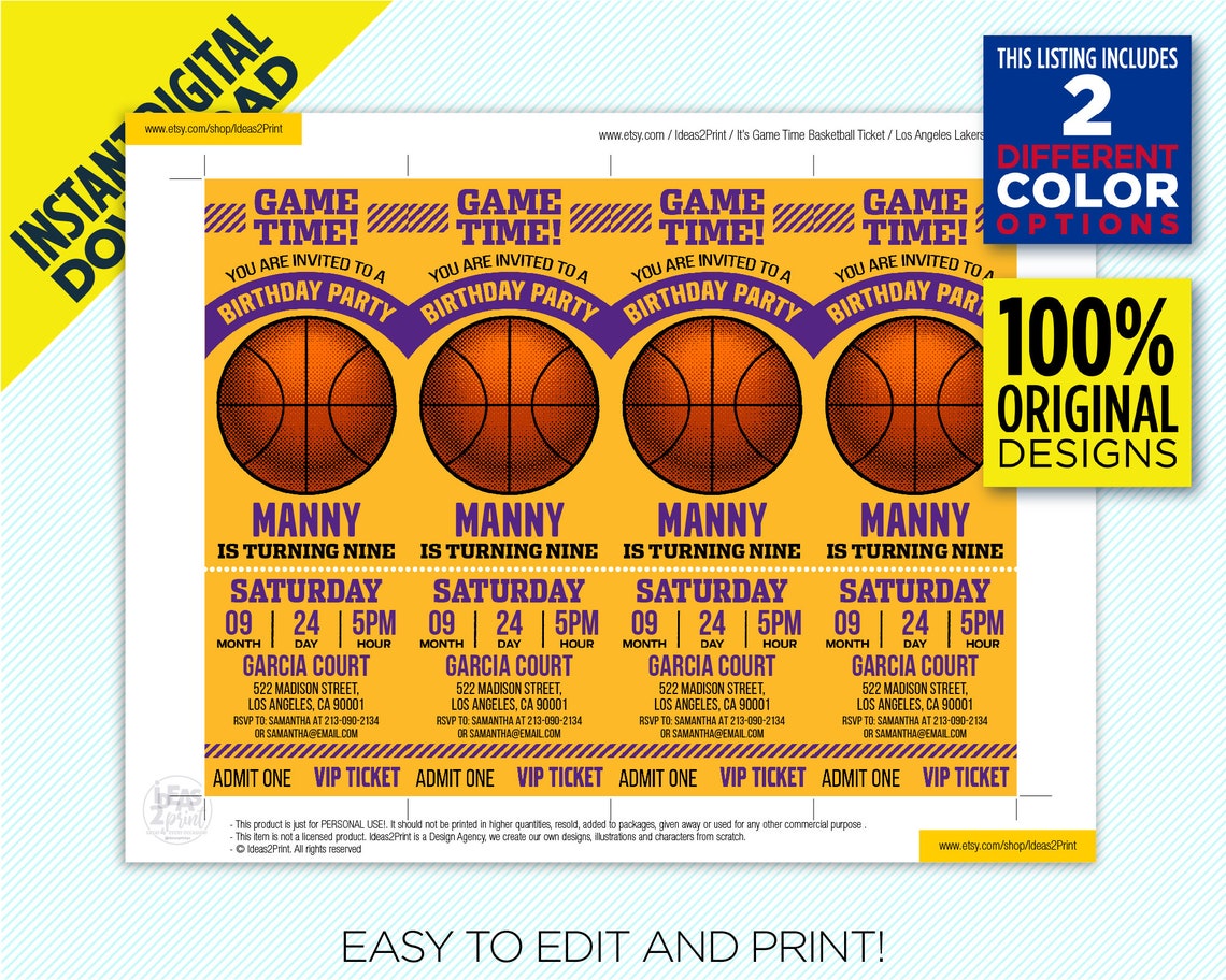 Los Angeles Lakers Ticket Printable Invitation LA Lakers - Etsy
