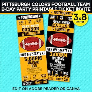 Pittsburgh Gold & Black Football Team Birthday Party Printable Ticket Invitation - EDIT YOURSELF At Home With Adobe Reader Or Canva