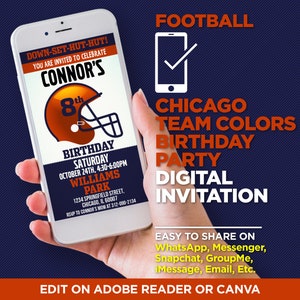 Invito digitale per la festa di compleanno della squadra di football dei Chicago Colors - Evite blu navy e arancione - MODIFICA con Adobe Reader o Canva, condividi su WhatsApp
