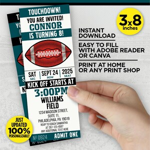 Philadelphia Farben Football Team Geburtstagsparty druckbare Einladung | Green & Black Ticket | Zuhause bearbeiten mit Adobe Reader oder Canva