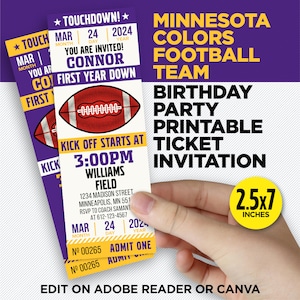 Minnesota Colors Football Team Printable Ticket Invitation - Purple & Gold First Year Down Party Invite - EDIT With Adobe Reader Or Canva