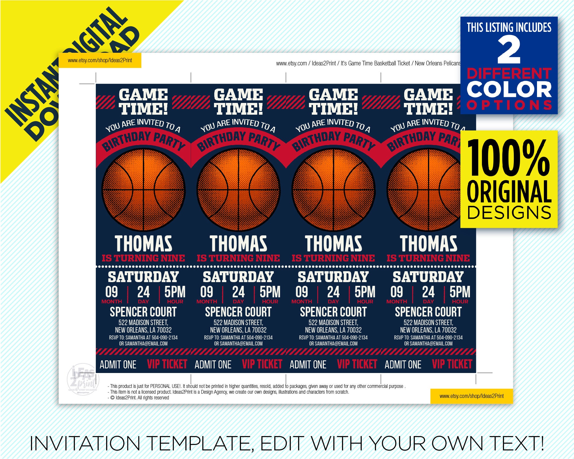 New Orleans Pelicans Ticket Printable Invitation Navy & Red Etsy
