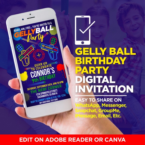 Gelly Ball Party Digital Invitation - Boys And Girls Paint Ball Birthday Party - EDIT YOURSELF With Adobe Reader Or Canva