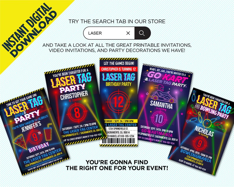 Laser Tag Ticket Birthday Party Invitation 3x7 Laser Etsy