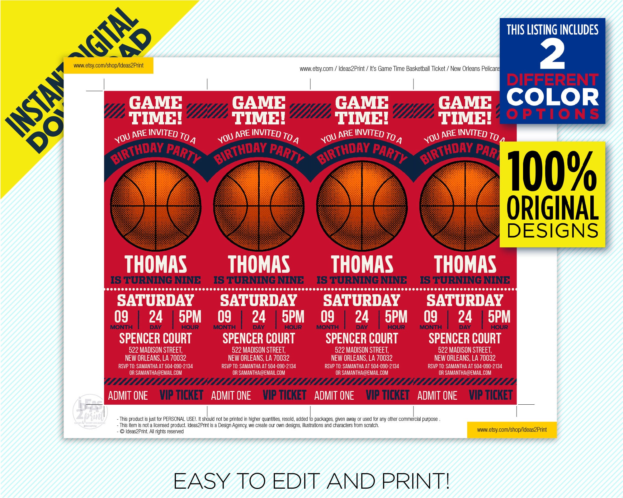 New Orleans Pelicans Ticket Printable Invitation Navy & Red Etsy