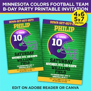 Minnesota Colors Football Team Birthday Party Printable Invitation - Purple & Gold Invite Template - EDIT At Home With Adobe Reader Or Canva