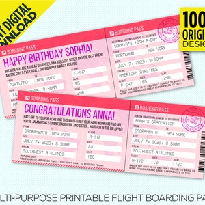 Afdrukbaar ticket voor multifunctioneel vliegtuig instapkaart - Surprise Travel Gift Card - Roze en paarse instapkaartsjabloon - BEWERK JEZELF