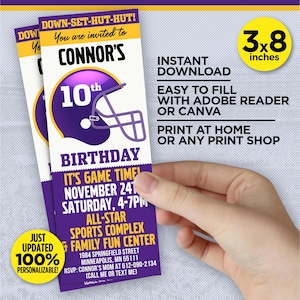 Minnesota Vikings Birthday Party Printable Invitation | Touchdown Purple & Gold Football | Edit Yourself | Adobe Reader | Canva