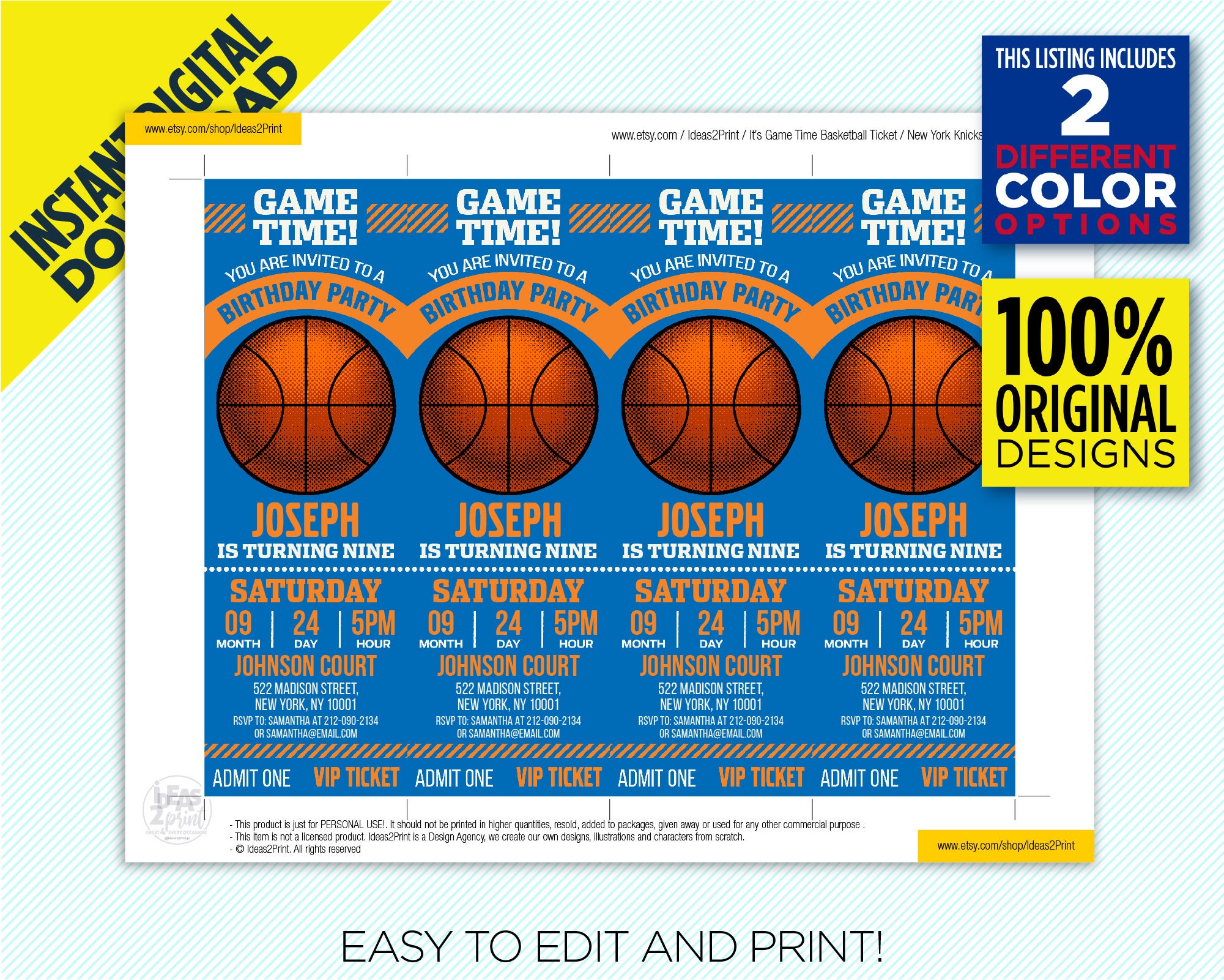 New York Knicks Ticket Printable Invitation, Orange & Blue NY Knicks