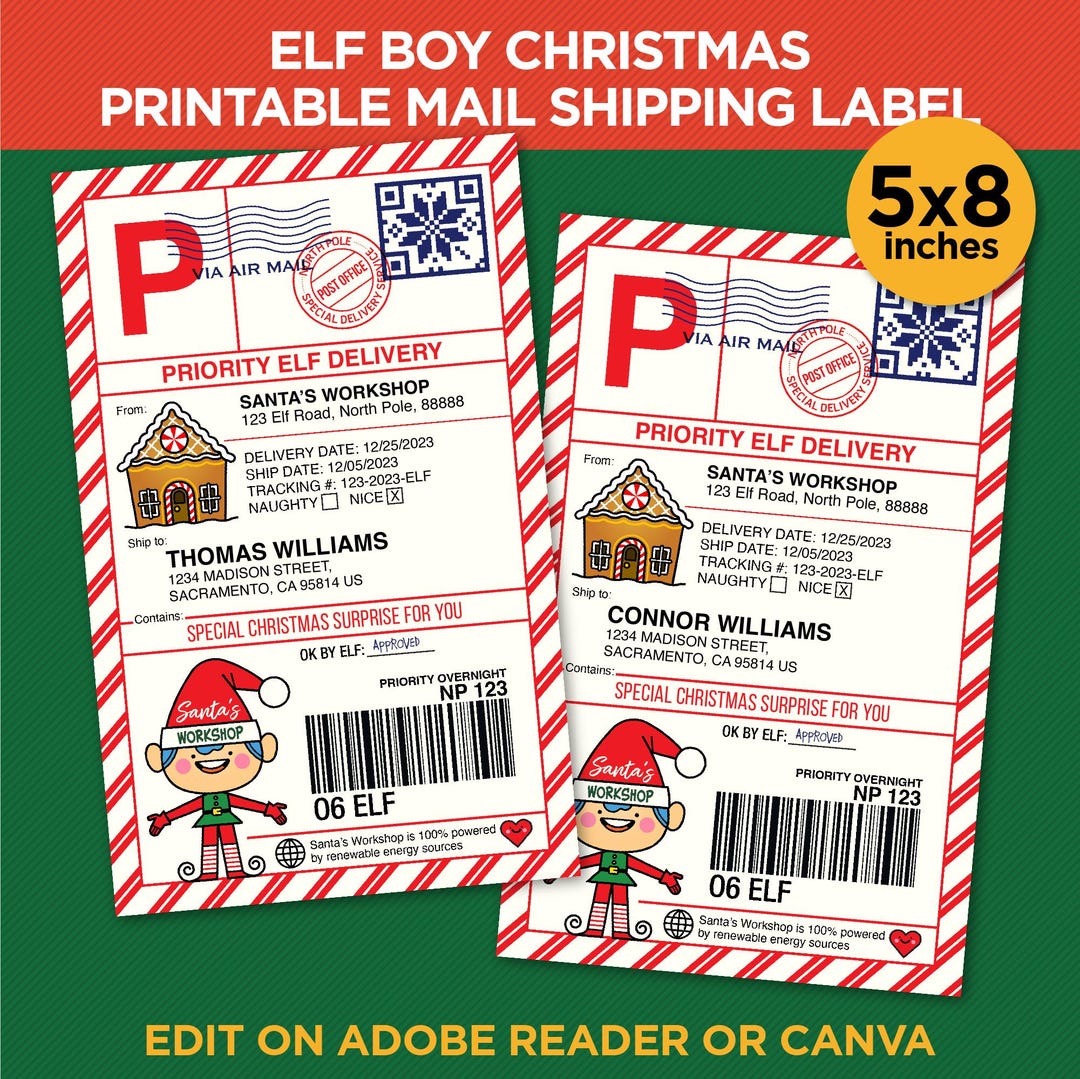printable elf boy shipping label - christmas delivery mail labels - from  santa gift tag template - edit yourself with adobe reader or canva - etsy.de