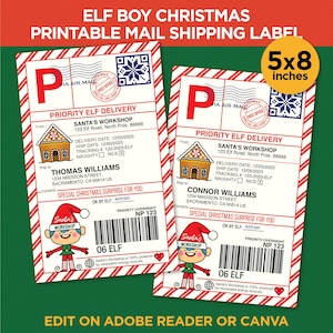 Printable Elf Boy Shipping Label - Christmas Delivery Mail Labels - From SANTA Gift Tag Template - EDIT YOURSELF With Adobe Reader Or Canva
