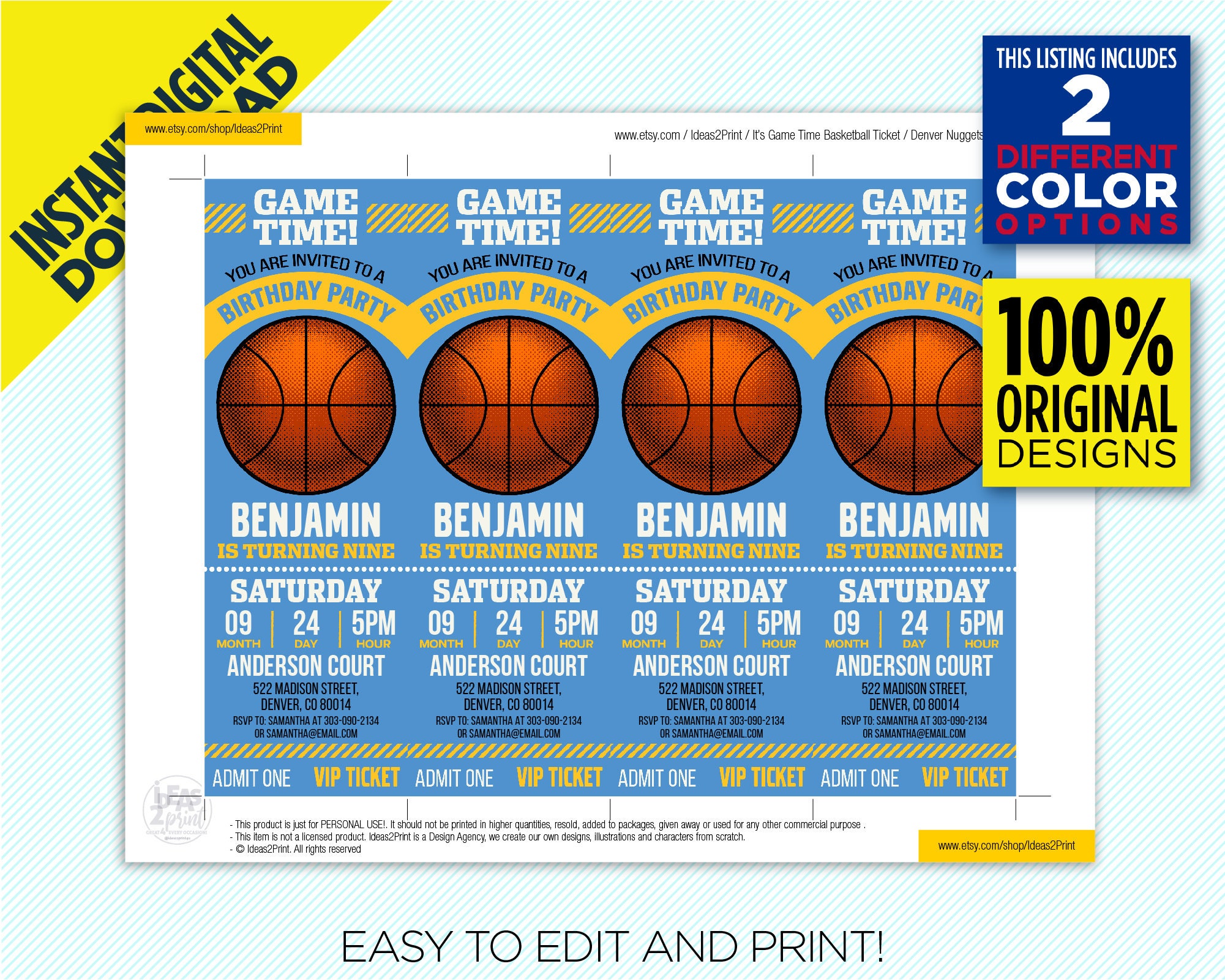 Denver Nuggets Ticket Printable Invitation Nuggets Basketball Etsy