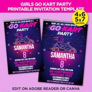 May include: Printable invitation template for a girl's go-kart party. The invitation features a neon pink and blue go-kart design with the text "Go-Kart Party" and "Samantha is turning 8". The invitation is 4x6 or 5x7 inches.