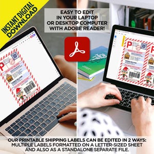 May include: Two laptops displaying a printable Christmas shipping label template with an elf illustration. The text on the label reads "Priority Elf Delivery". The labels can be edited in Adobe Reader.