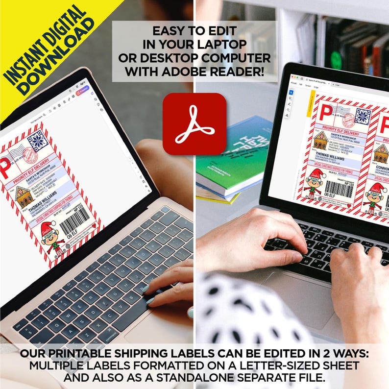 May include: Two laptops displaying a printable Christmas shipping label template with an elf illustration. The text on the label reads "Priority Elf Delivery". The labels can be edited in Adobe Reader.