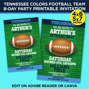 Tennessee Colors Football Team Birthday Party Printable Invitation - Navy & Blue Invite Template - EDIT At Home With Adobe Reader Or Canva